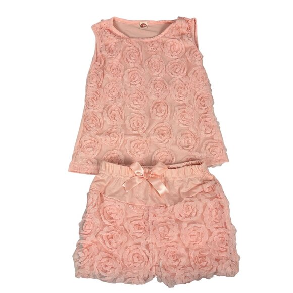 Sleeveless Girls Top & Shorts Set With Rosette Design In Light Pink Size 4T - Picture 1 of 8